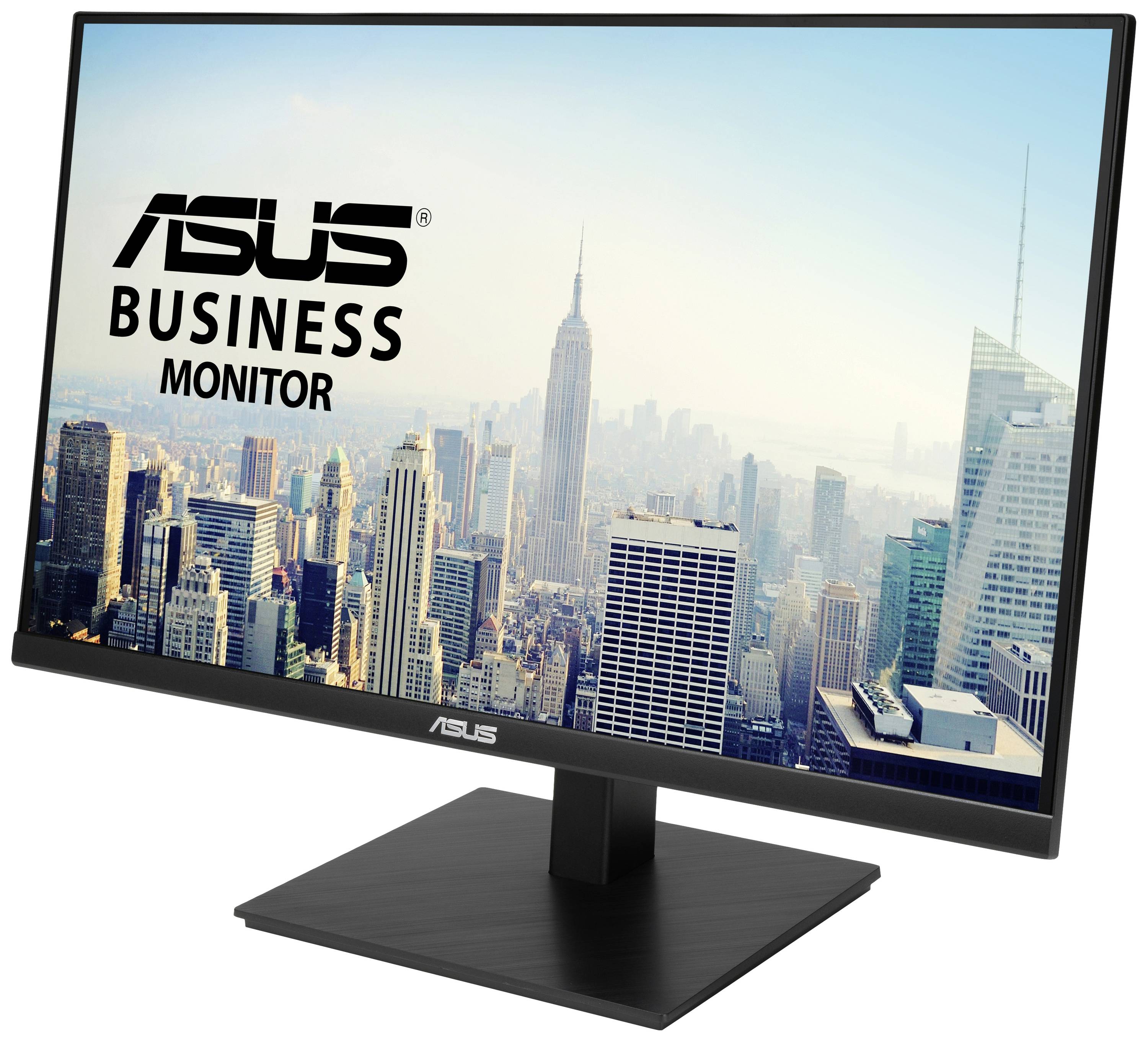 Monitor z panoramą miasta w tle i tekstem 'ASUS Business Monitor' na ekranie. Idealny do zastosowań biurowych.