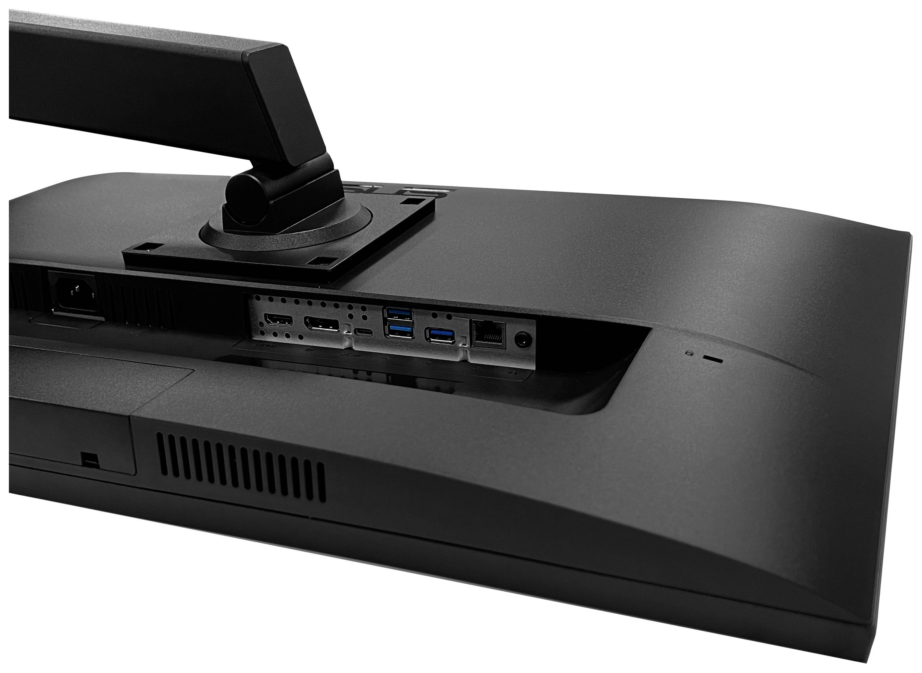 Tylna strona monitora komputerowego z widocznymi złączami, w tym HDMI, USB i Ethernet, oraz podstawą.