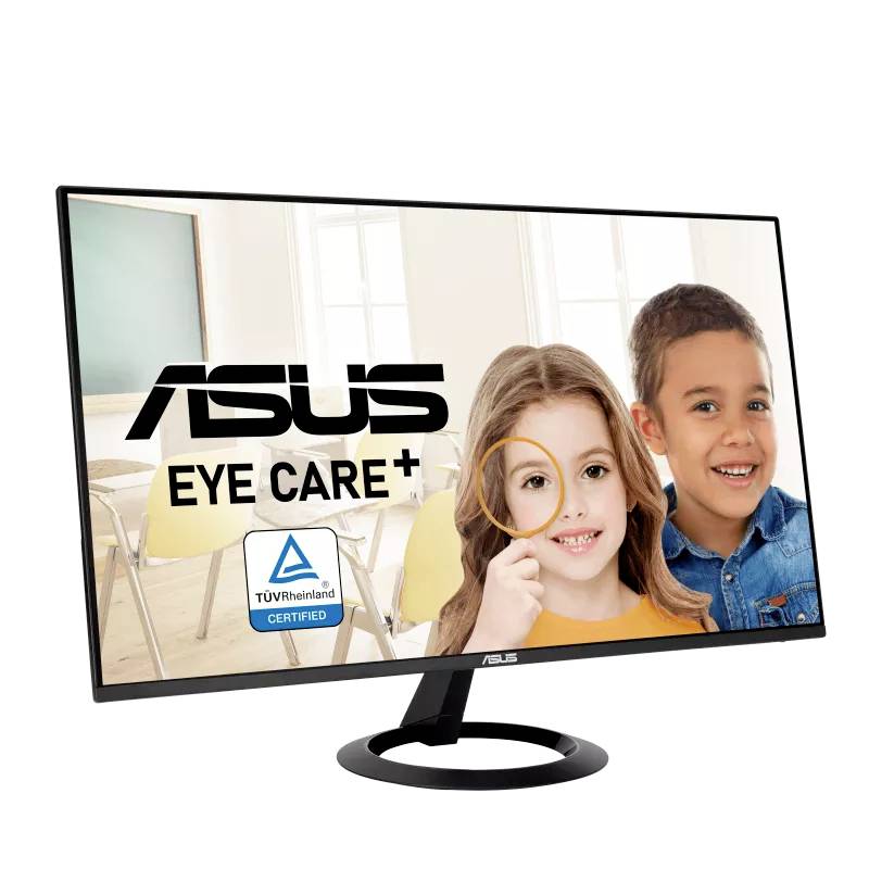 Monitor wyświetla logo ASUS i 'Eye Care+'. W tle widać dwoje uśmiechniętych dzieci w sali lekcyjnej.