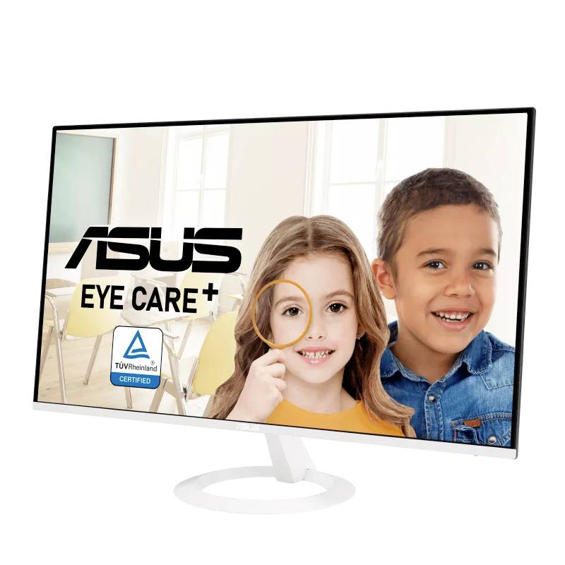 Monitor ASUS wyświetla dwoje uśmiechniętych dzieci w sali lekcyjnej. Na ekranie wyróżnione są napisy 'Eye Care' i 'Certyfikat TÜV Rheinland'.