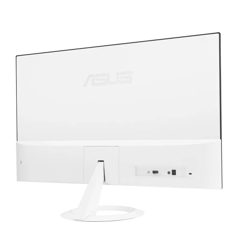 Biała tylna strona monitora z logo ASUS, dwoma złączami i smukłą podstawą. Minimalistyczny design.