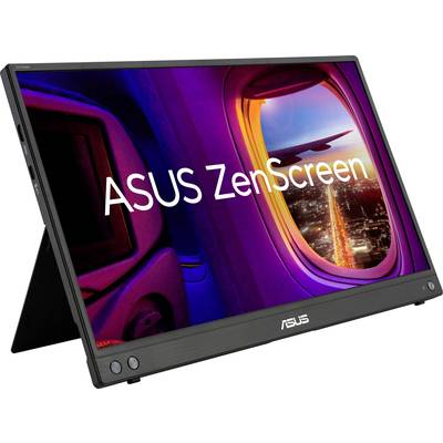 Przenośny monitor ASUS ZenScreen z wbudowaną podstawką, przedstawiony na tle okna samolotu z widokiem na oświetlone miasto.