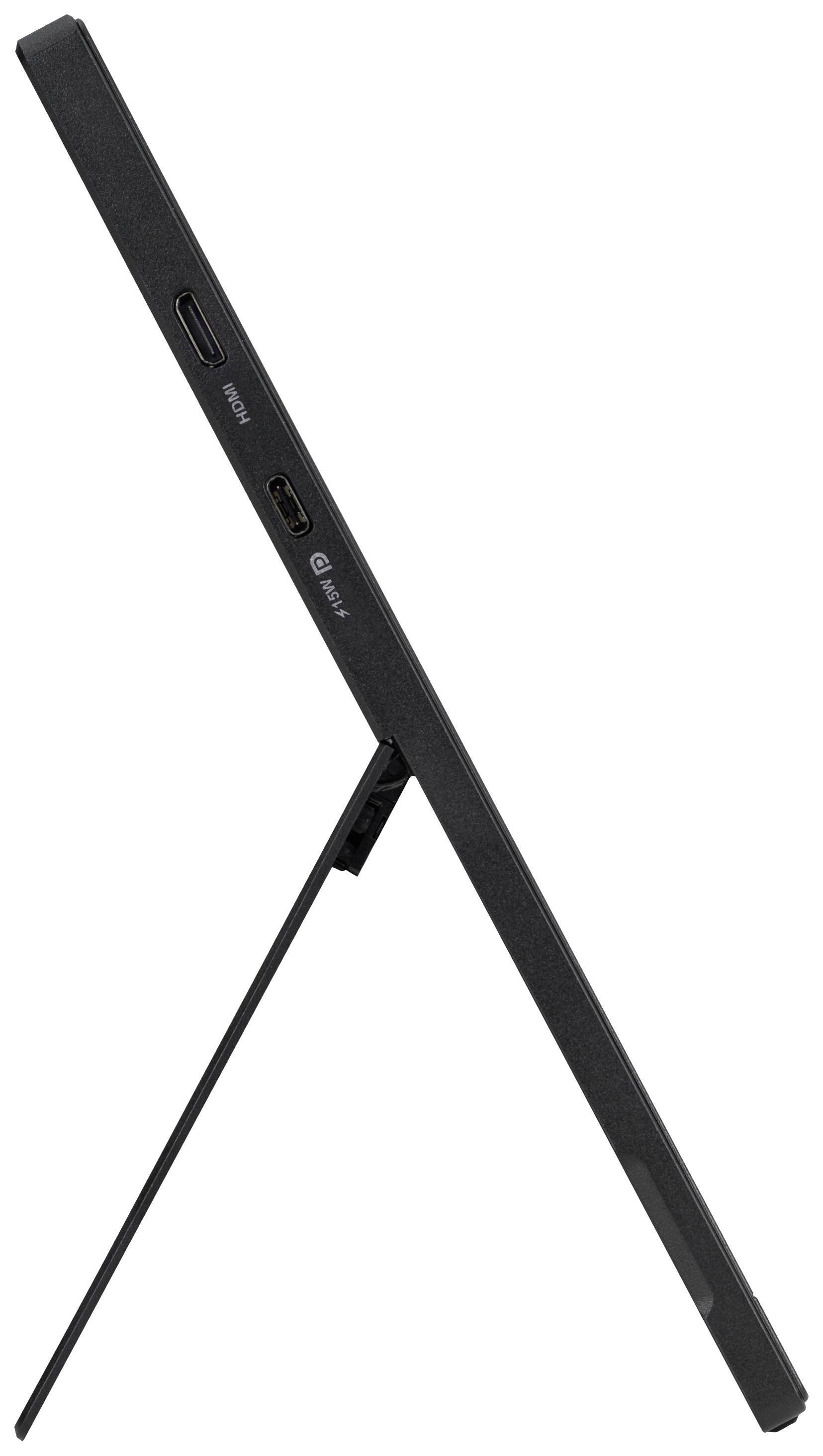 Widok boczny tabletu z wbudowaną podstawką i portami USB.