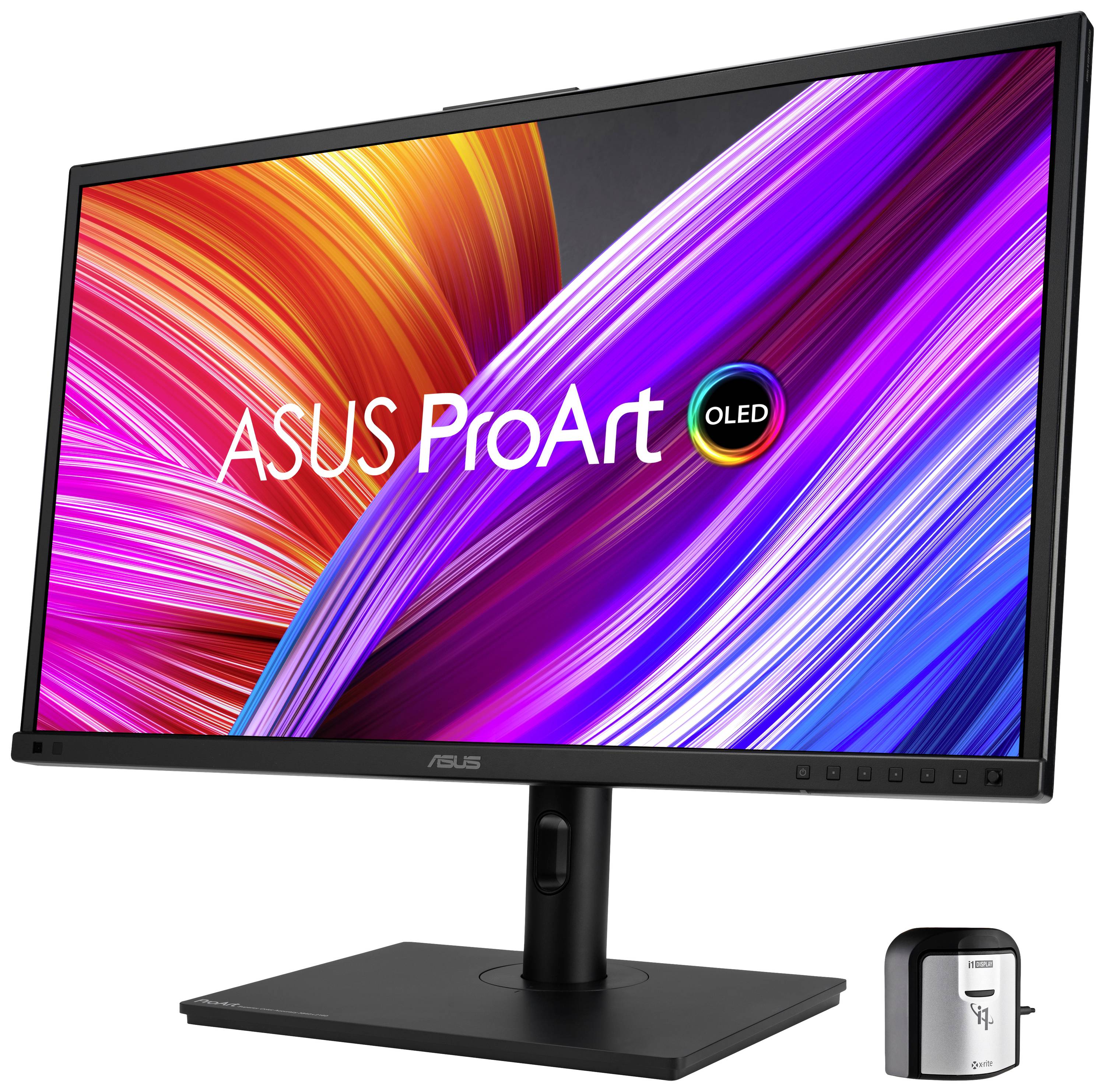 Monitor komputerowy z napisem 'ASUS ProArt OLED' wyświetla kolorowe, faliste linie. Obok stoi małe urządzenie.