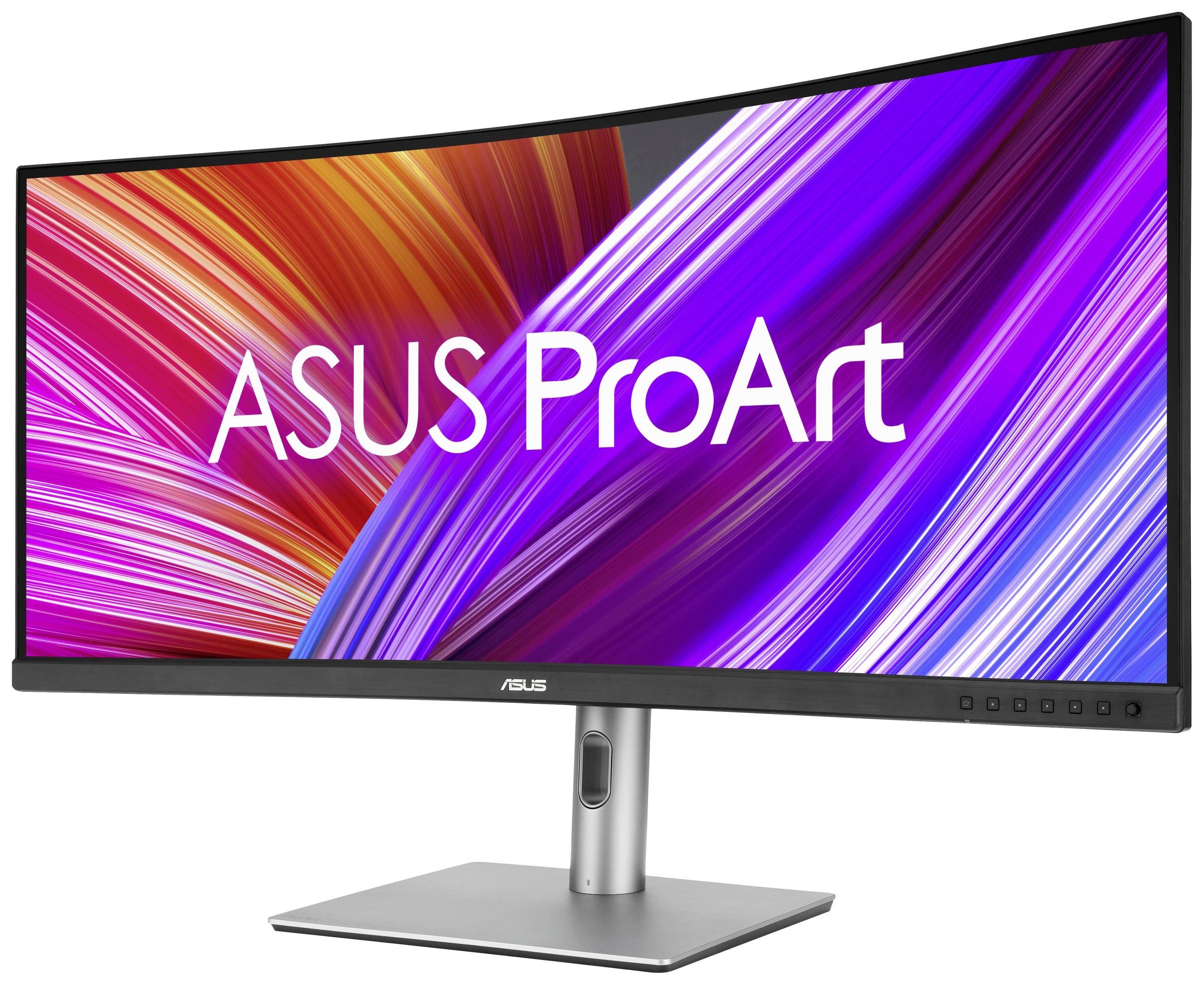 Zakrzywiony monitor ASUS ProArt z kolorowym wyświetlaczem świeci. Logo 'ASUS ProArt' jest wyraźnie widoczne pośrodku.