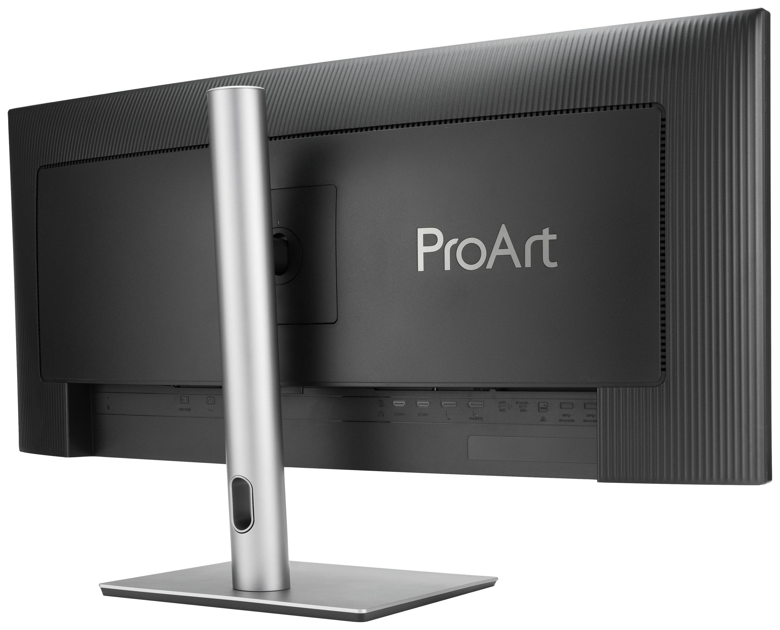 Widok z tyłu monitora z napisem 'ProArt', zamontowanego na srebrnej podstawie.