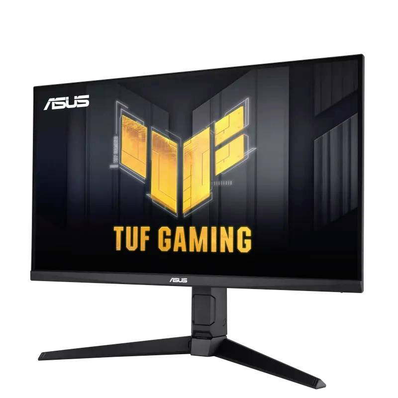 Monitor ASUS TUF Gaming z czarną ramką, nowoczesnym designem i logo TUF Gaming na ekranie.