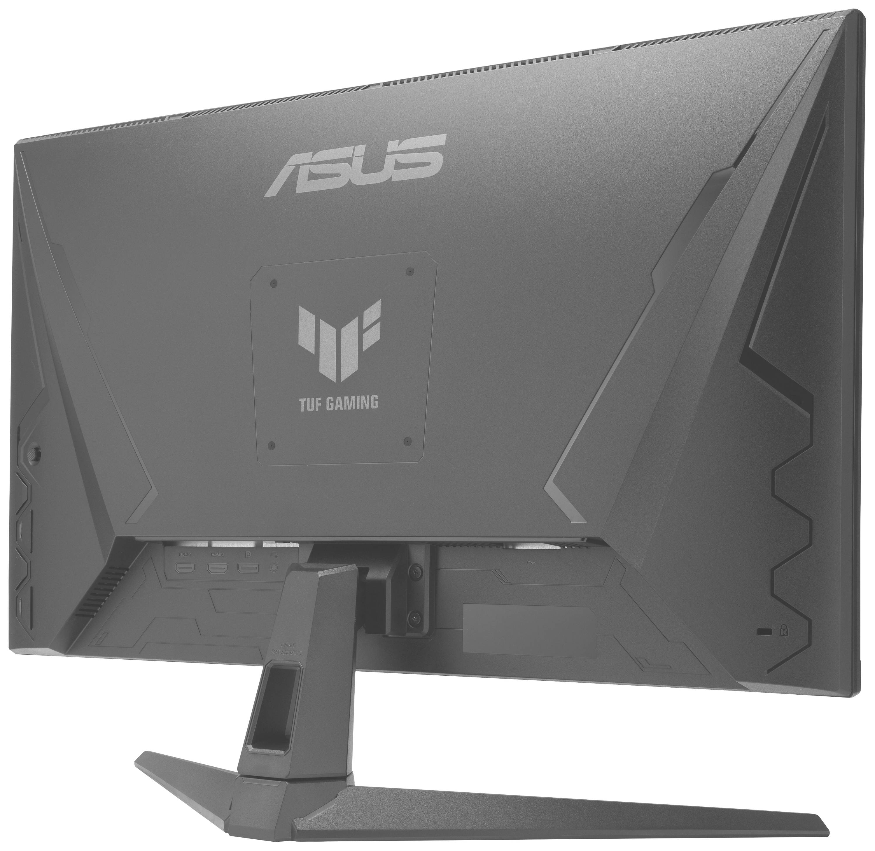 Widok z tyłu monitora gamingowego ASUS TUF z charakterystycznym designem i solidną podstawą.