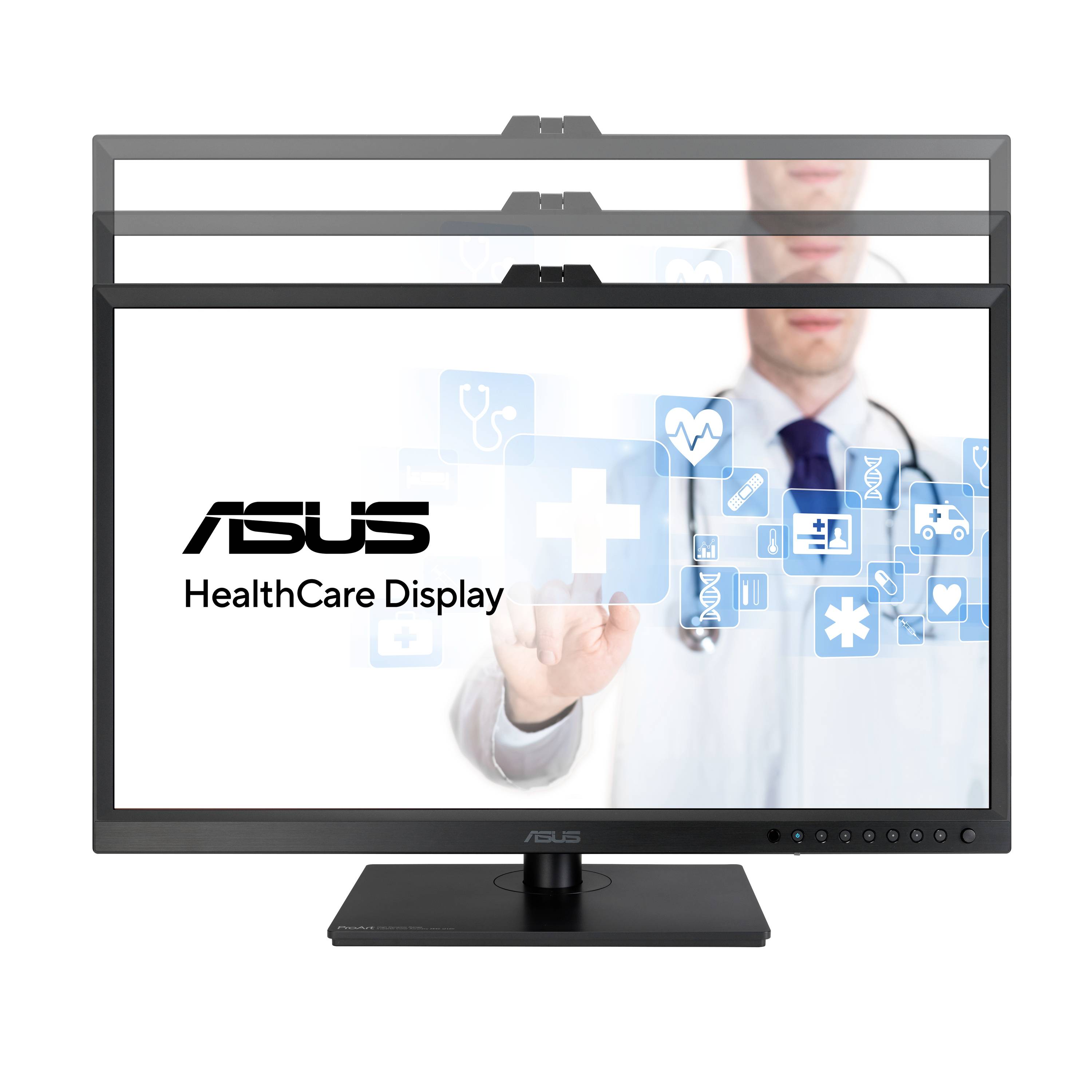 Wyświetlacz 'ASUS HealthCare Display' na monitorze, w tle lekarz z symbolami zdrowia.