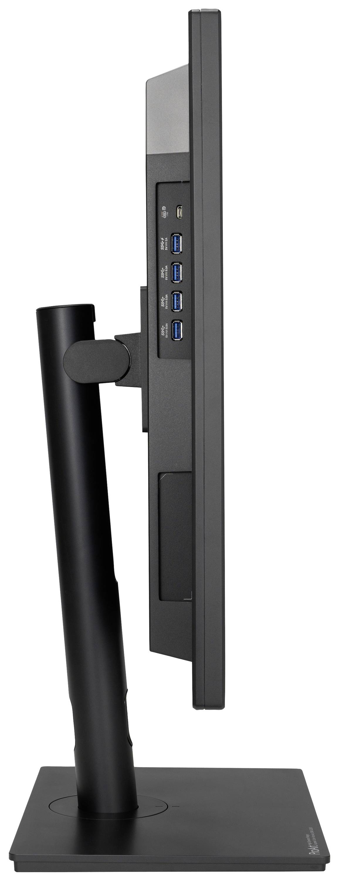 Smukły monitor komputerowy widziany z boku, zamocowany na czarnej podstawie z widocznymi wieloma portami USB.