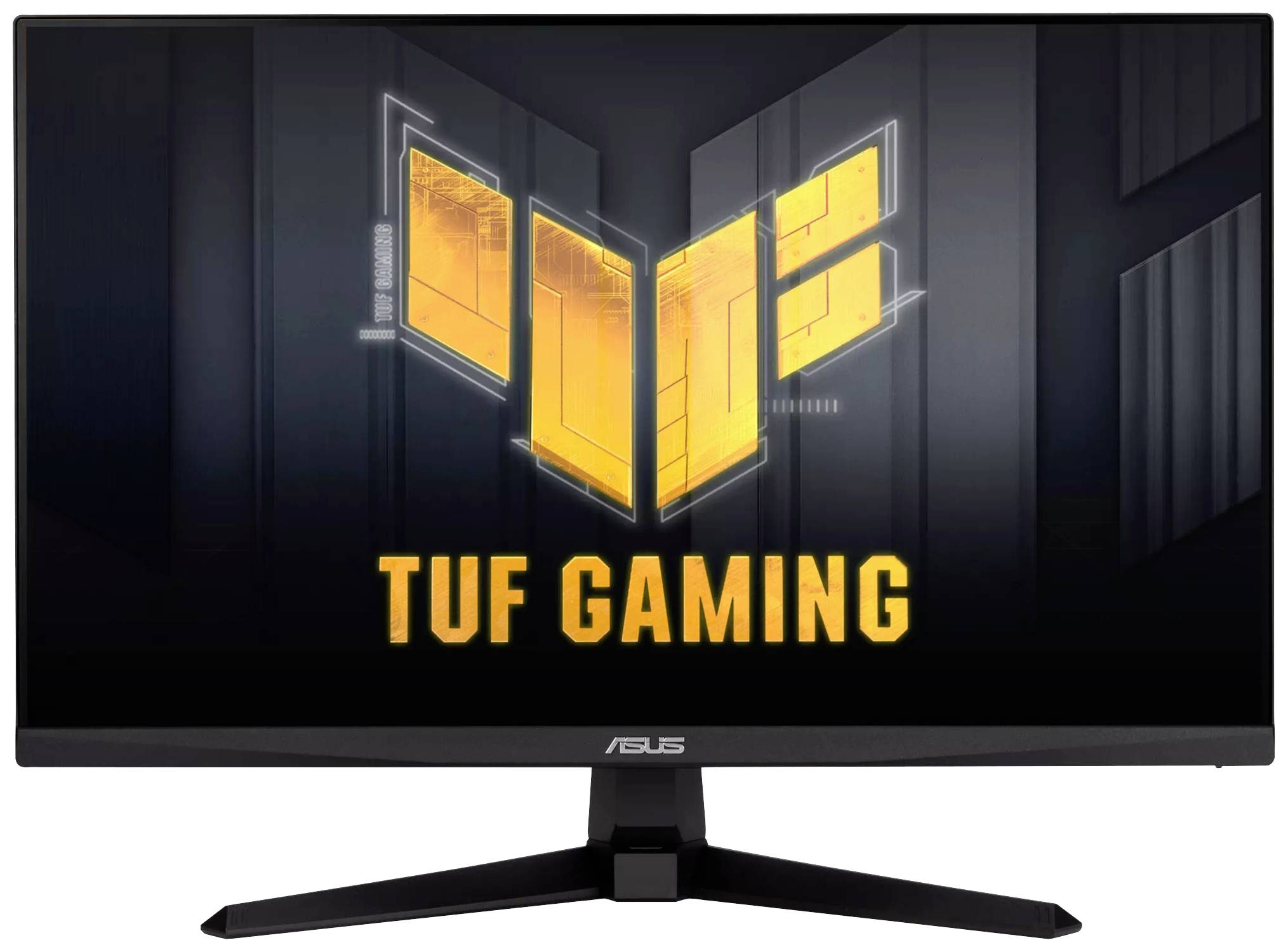 Monitor ASUS TUF Gaming z imponującym wyświetlaczem. Logo 'TUF Gaming' świeci się na żółto na ciemnym tle.