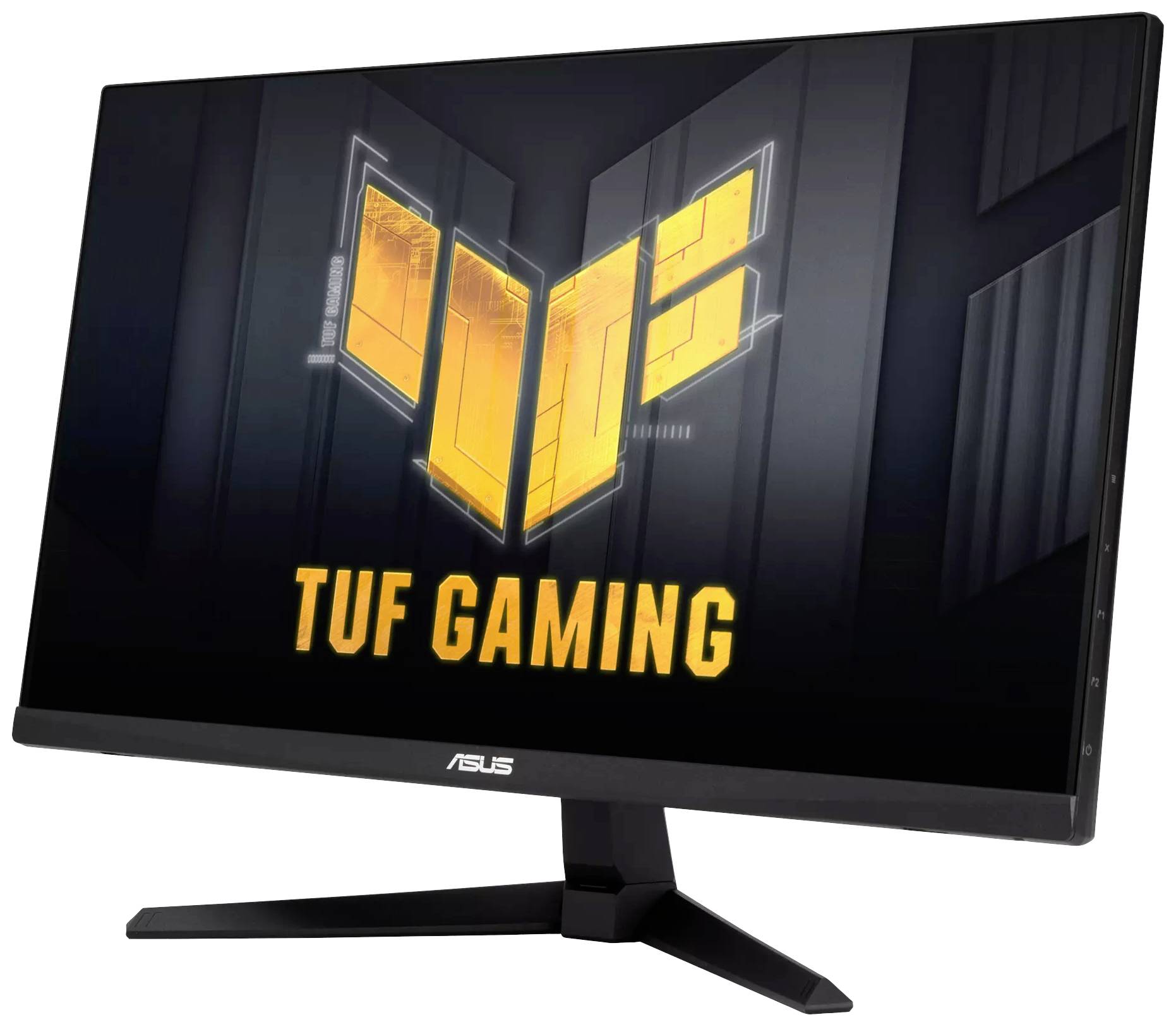 Monitor gamingowy Asus z dużym logo TUF Gaming na ekranie, czbudowa w czarnej obudowie, zamontowany na podstawce.