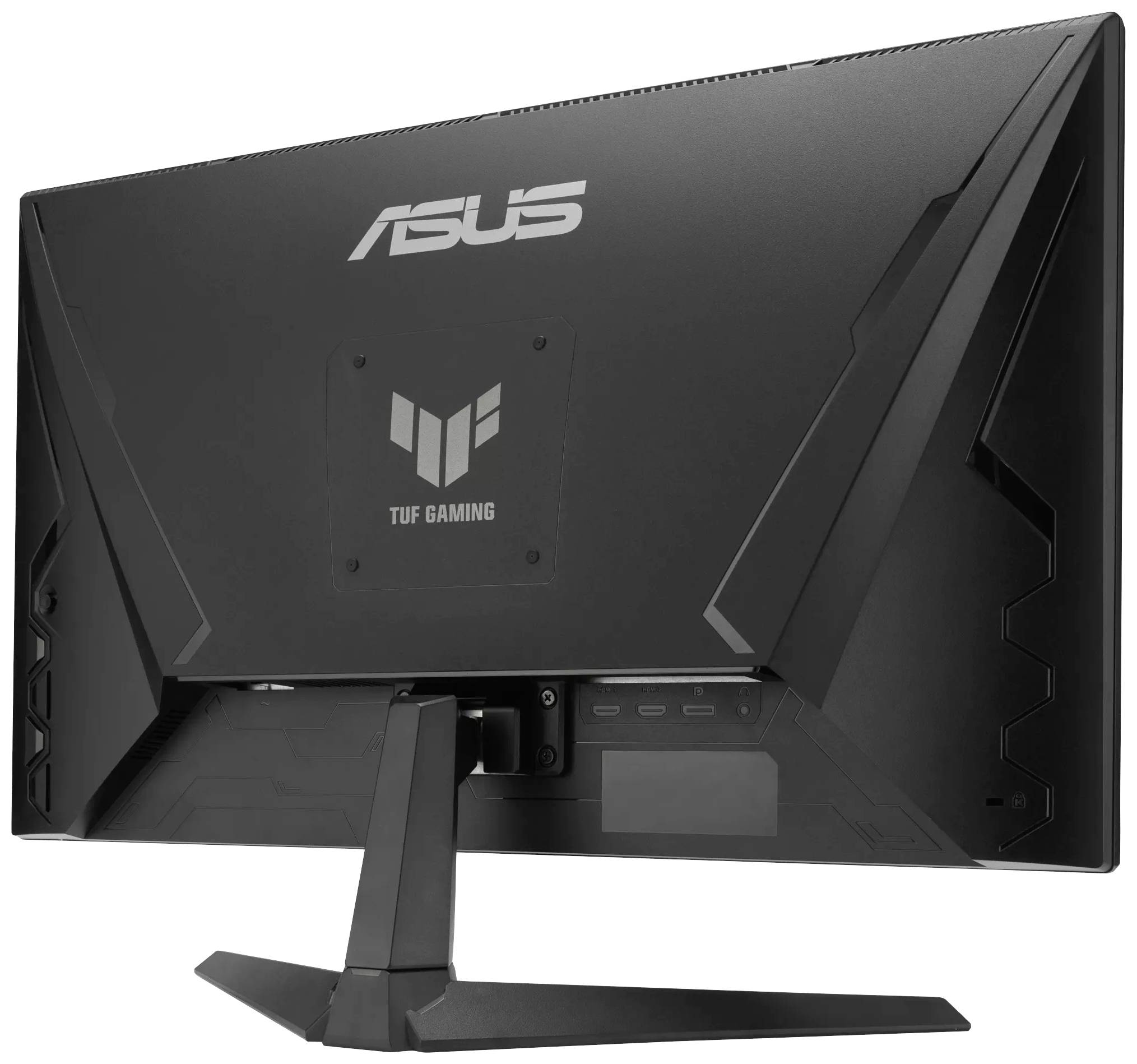 Widok z tyłu monitora gamingowego ASUS TUF z solidną podstawą, czarną obudową i logiem pośrodku.