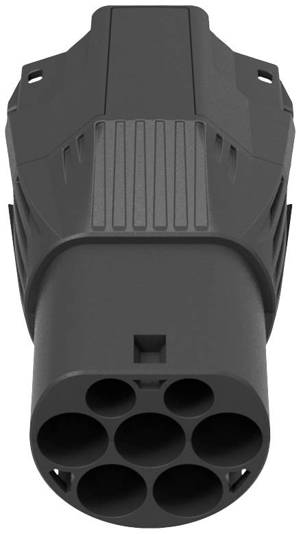 Czarny wtyk ładowania elektrycznego z sześcioma okrągłymi gniazdami, sfotografowany od przodu.