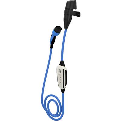 Kabel ładujące do pojazdów elektrycznych z czarnym i niebieskim wzornictwem oraz zintegrowaną jednostką sterującą w przebiegu przewodu.