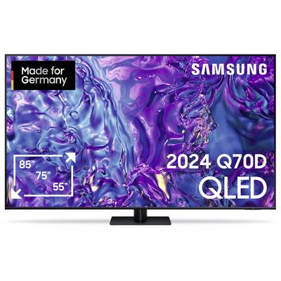 55-85 cali Samsung Q70D QLED TV 2024, logo 'Made for Germany', abstrakcyjny wzór w odcieniach fioletu i błękitu w tle.
