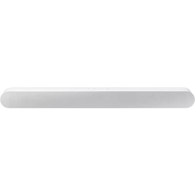 Biała soundbar o minimalistycznym designie, składająca się z wąskiej, prostokątnej obudowy, z przodu pokrytej siatką.
