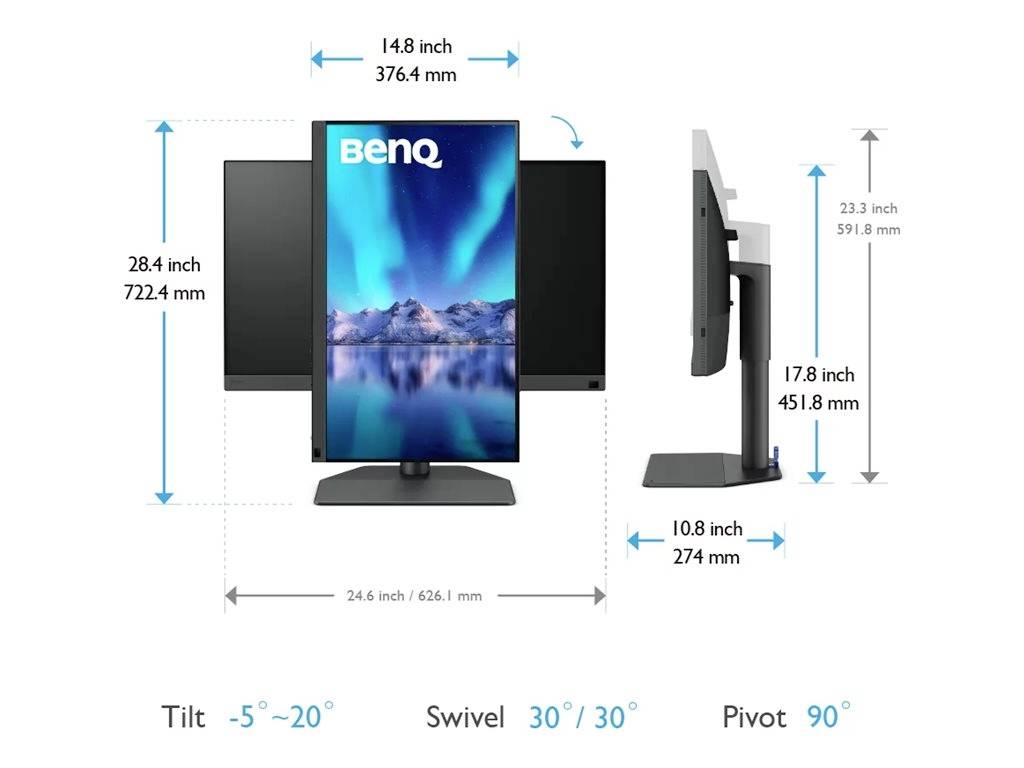 Monitor BenQ o wymiarach: wysokość 28,4 cala, szerokość 24,6 cala. Funkcje: pochylenie -5° do 20°, obrót w poziomie 30°, obrót 90°.
