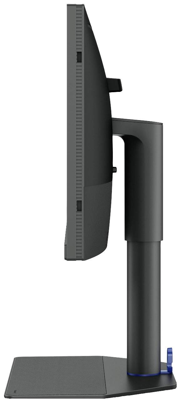 Widok z boku smukłego czarnego monitora komputerowego zamocowanego na pionowym stojaku. Ekran jest elegancki i nowoczesny w projekcie.