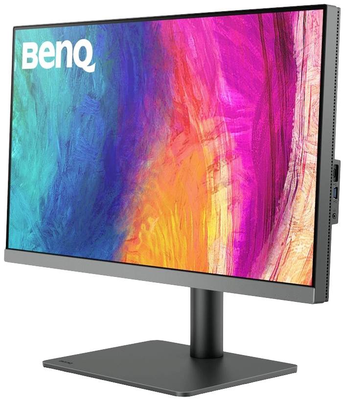 Monitor komputerowy BenQ z abstrakcyjnym, świecącym wzorem kolorystycznym na wyświetlaczu. Monitor jest ustawiony na czarnej podstawce.
