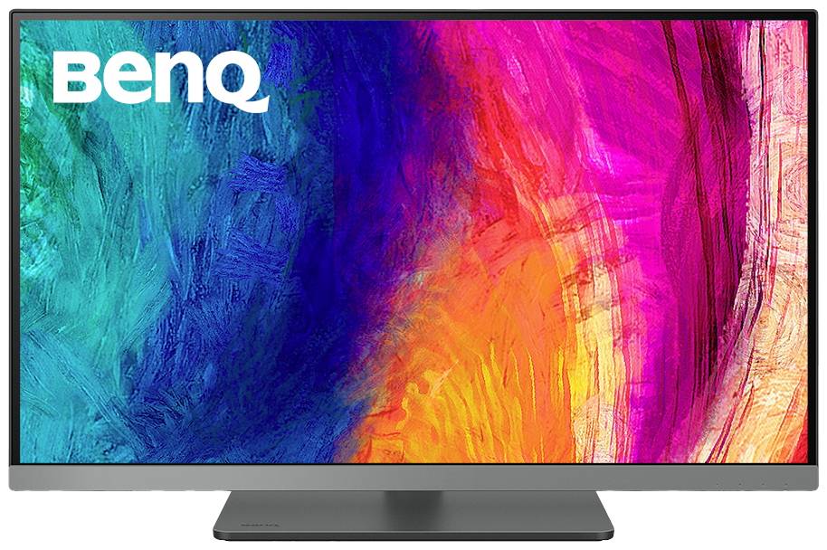 Monitor BenQ wyświetla kolorowy, abstrakcyjny wzór z niebiesko-zielonymi i różowo-pomarańczowymi obszarami.