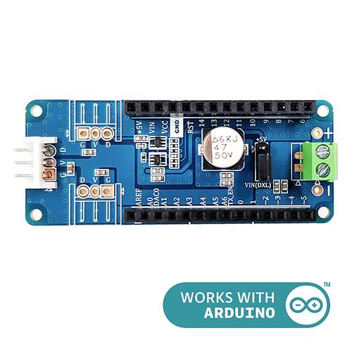 Niebieska płytka rozszerzeń Arduino z różnymi złączami i elementami. W prawym dolnym rogu logo: 'WORKS WITH ARDUINO'.