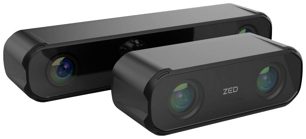 Dwie czarne kamery stereo, każda z dwoma obiektywami, umieszczone na jednej powierzchni. Idealne do rejestracji głębi 3D.