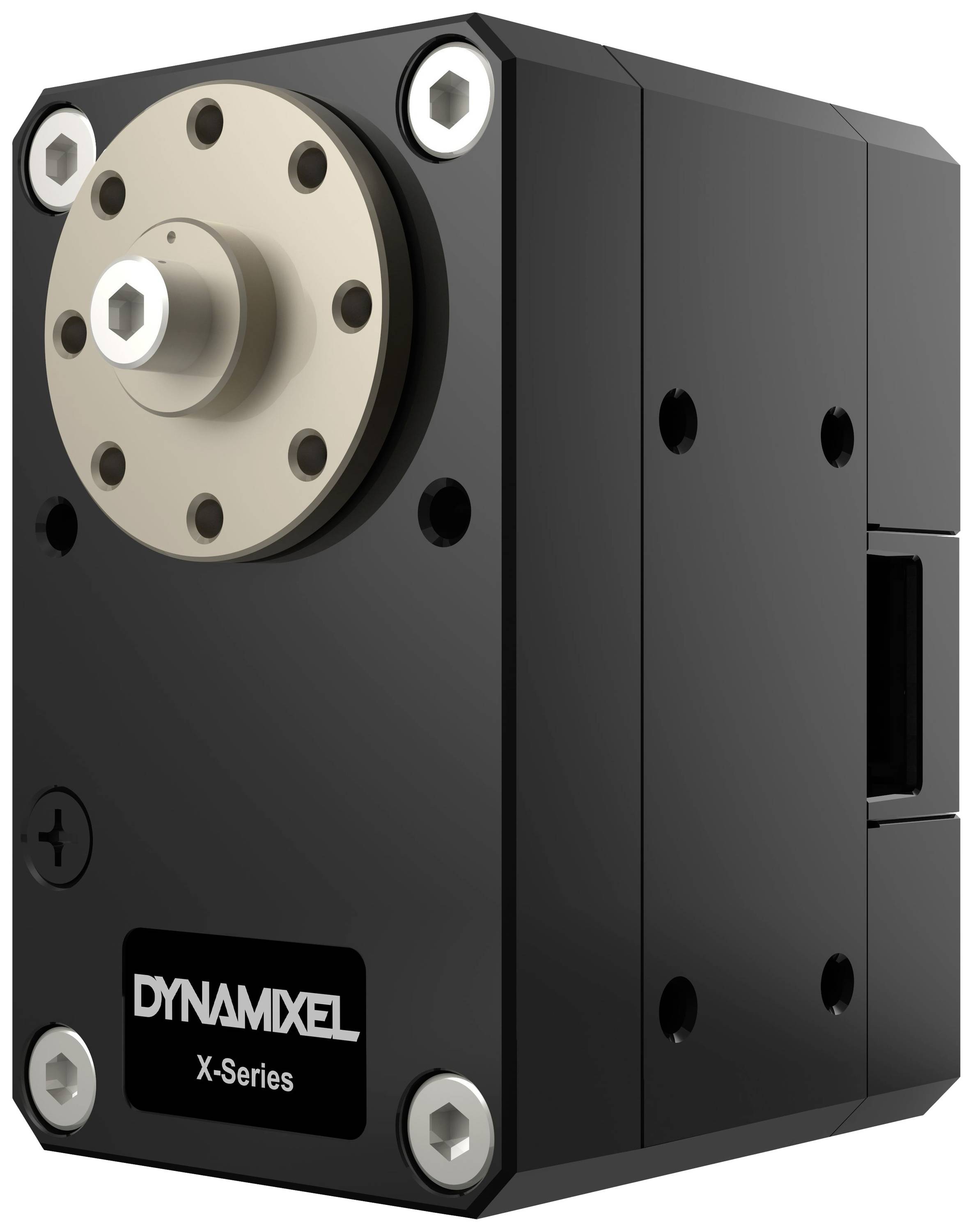 Czarny, prostokątny korpus silnika z widocznymi śrubami i obrotową osią. Napis: 'Dynamixel X-Series'.
