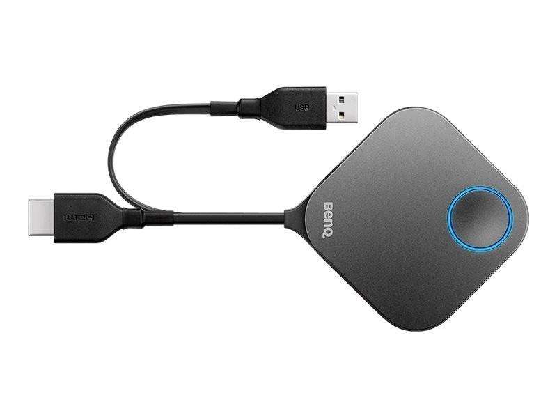 Czarno-szary adapter HDMI bezprzewodowy z portem USB, o kształcie kwadratu zaokrąglonymi rogami i niebieskim świecącym kołem.
