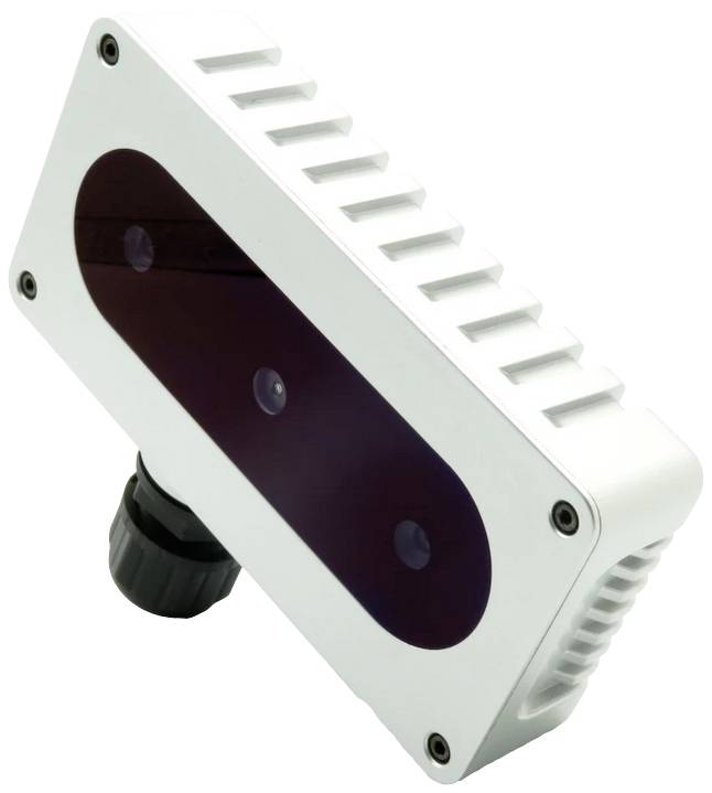 Prostokątne, techniczne urządzenie z dwoma widocznymi czujnikami, zamontowane na czarnym, obrotowym złączu.