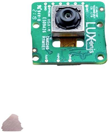 Mała zielona płytka drukowana z centralnym obiektywem, oznaczona napisem 'Luxonis'. Prawdopodobnie używana do modułów kamerowych.