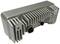 Srebrny, prostokątny moduł radiatora z wystającymi żeberkami i dwoma okrągłymi złączami z przodu.