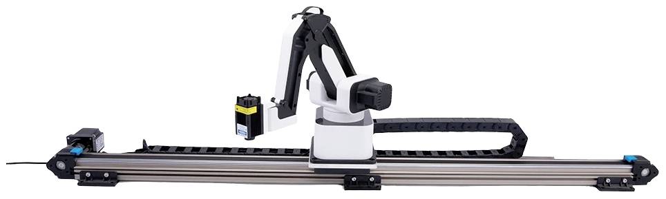 Ramiię robota na poziomej szynie. Ramię może przemieszczać się wzdłuż szyny, aby obrabiać obiekty w różnych pozycjach.