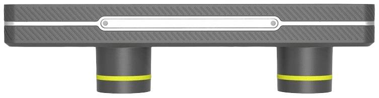 Prostokątne urządzenie, czarne z białym paskiem na górze i dwoma żółtymi oznaczeniami na cylindrycznych elementach u dołu.