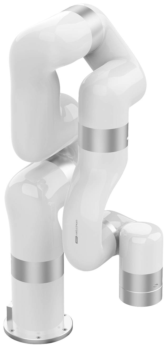 Ramię robotyczne z wieloma przegubami, białe z srebrnymi akcentami, stojące pionowo. Odpowiednie do precyzyjnych, zautomatyzowanych ruchów w zastosowaniach przemysłowych.