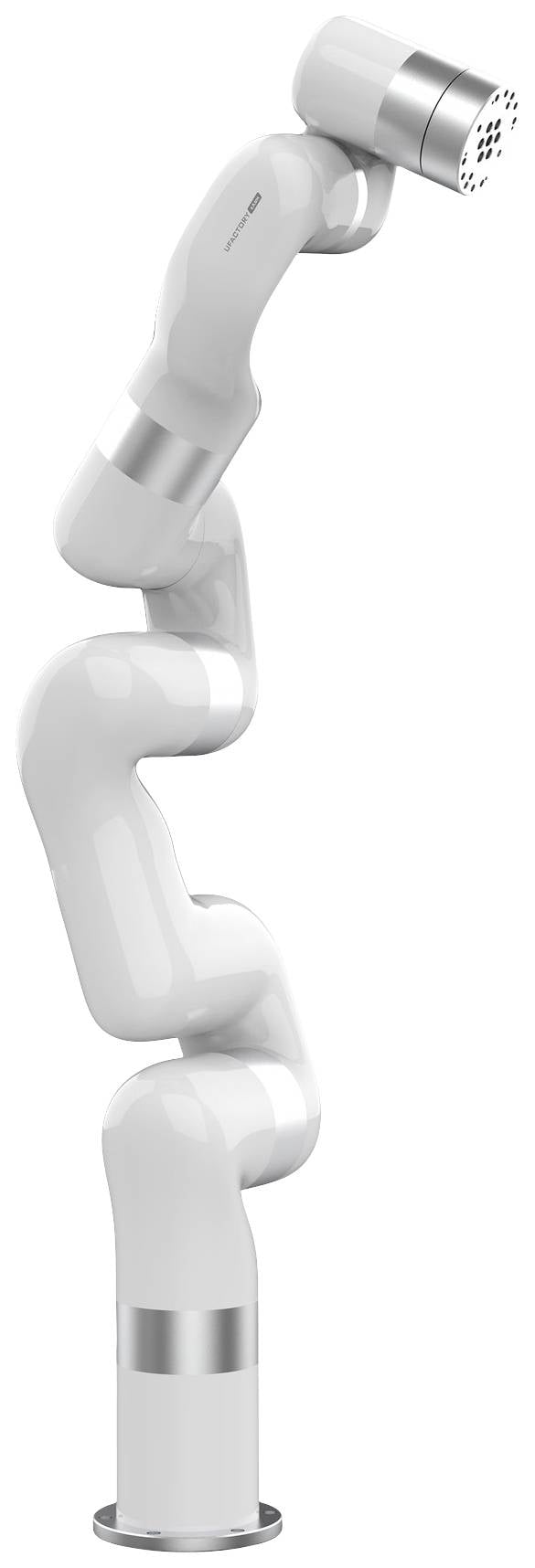 Modułowe ramię robotyczne z wieloma przegubami stoi pionowo. Srebrne akcenty kontrastują z białą obudową.