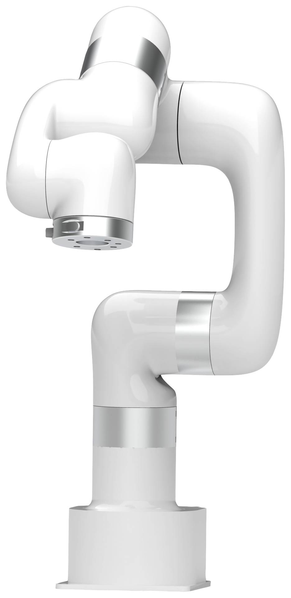 Biały przemysłowy ramię robota z wieloma przegubami i srebrnymi akcentami, przeznaczony do precyzyjnej automatyzacji w różnych gałęziach przemysłu.