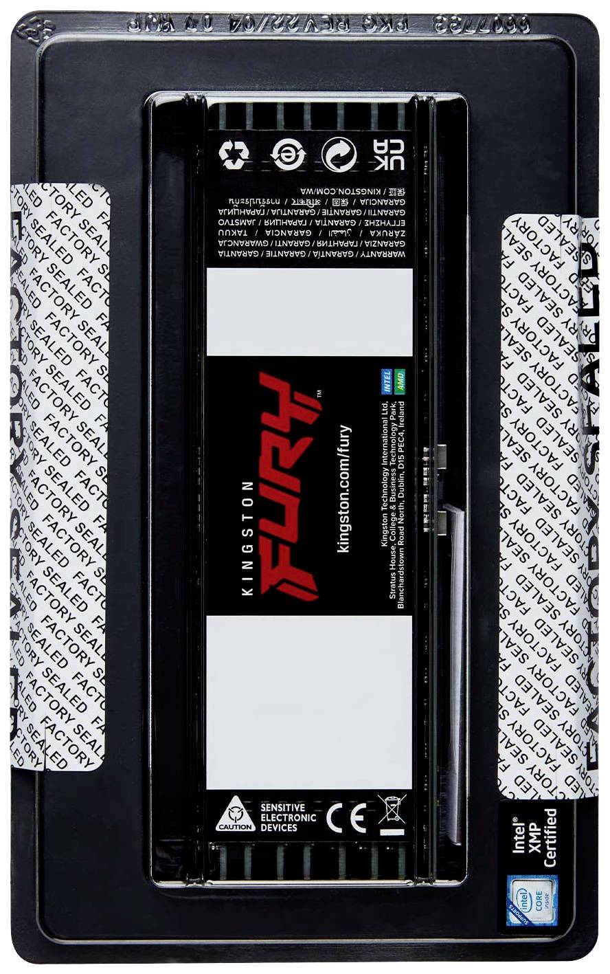 Moduł RAM firmy Kingston w opakowaniu, z nadrukami 'Fury' i 'Beast'. Opakowanie jest zapieczętowane i przedstawia certyfikaty techniczne.
