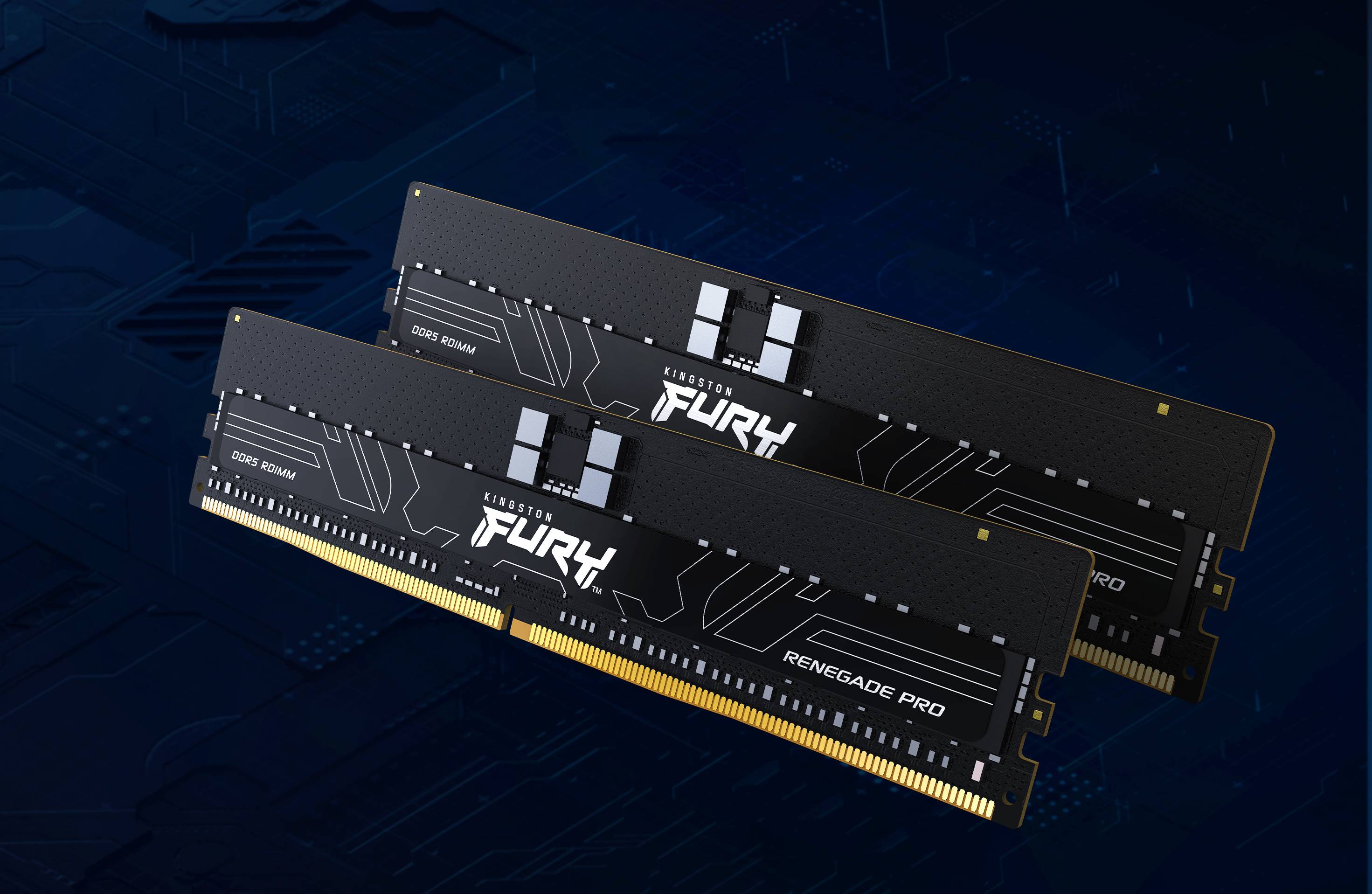 Dwa moduły RAM z napisem 'FURY Renegade Pro' na ciemnym tle. Są przeznaczone do użytku w komputerach.