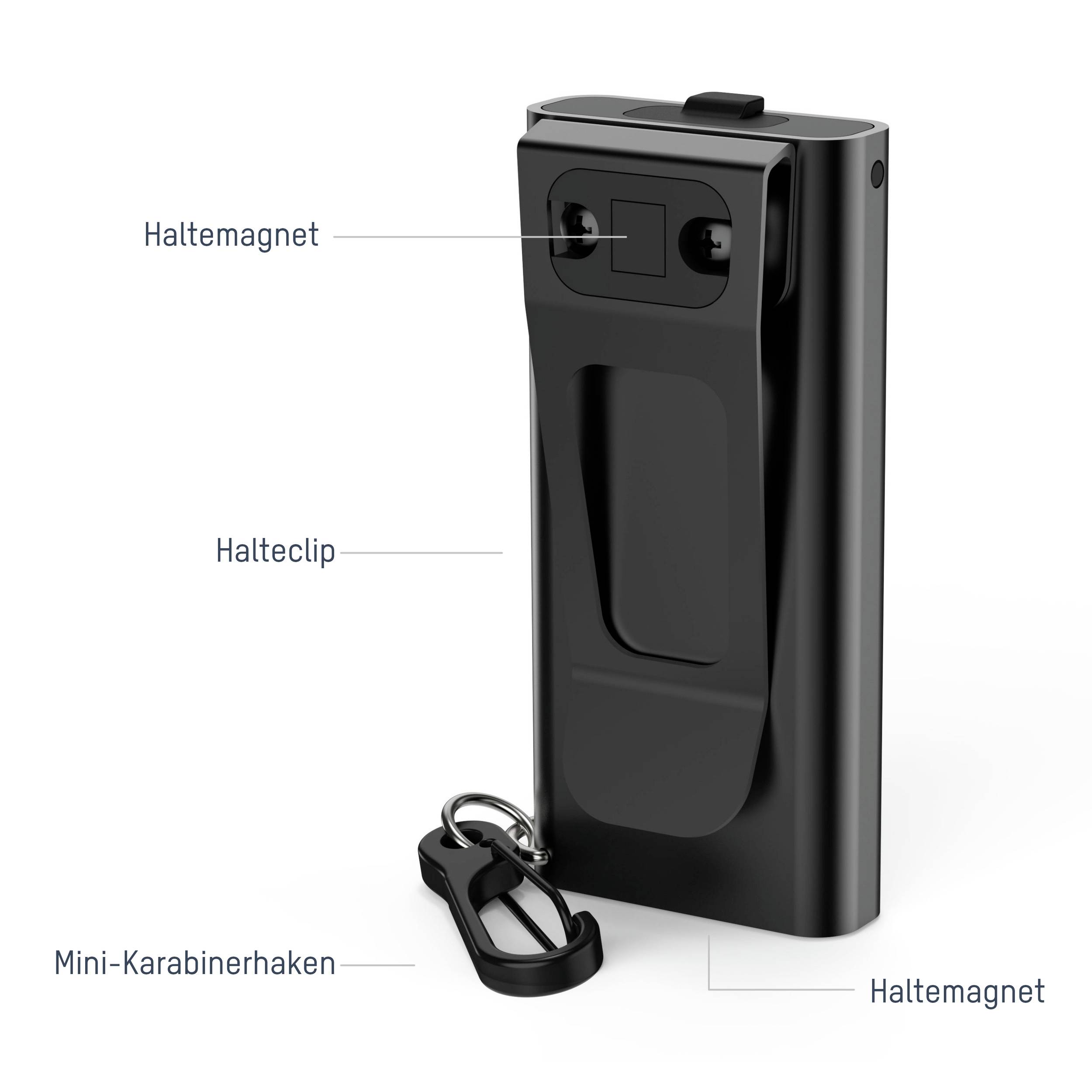 Czarna latarka z magnesami mocującymi, zatrzaskiem i mini-karabińczykiem do elastycznego mocowania.