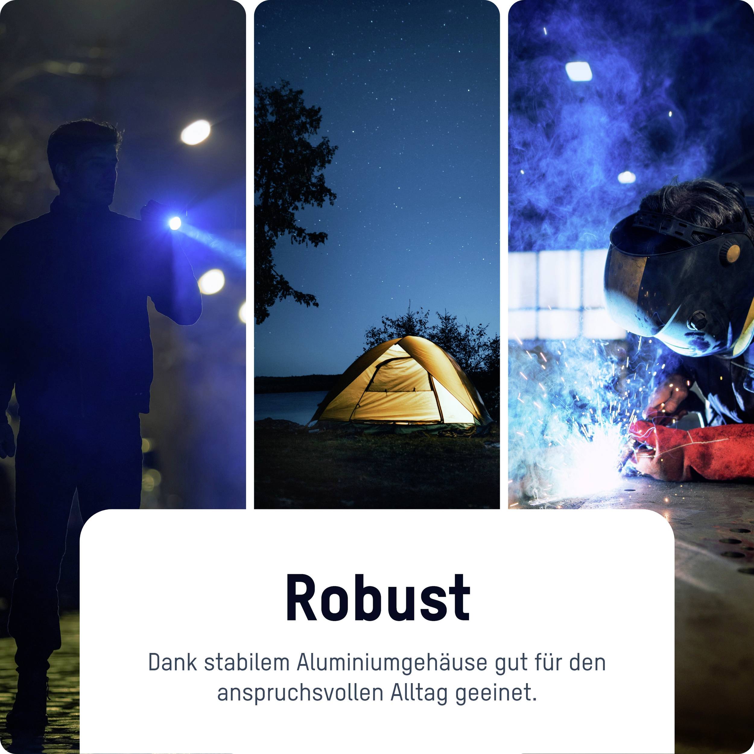 Trzy obrazy: Osoba z latarką, oświetlony namiot nocą oraz osoba spawająca. Tekst: 'Wytrzymały - Dzięki stabilnej obudowie aluminiowej doskonale sprawdza się w wymagających warunkach codziennego użycia.'