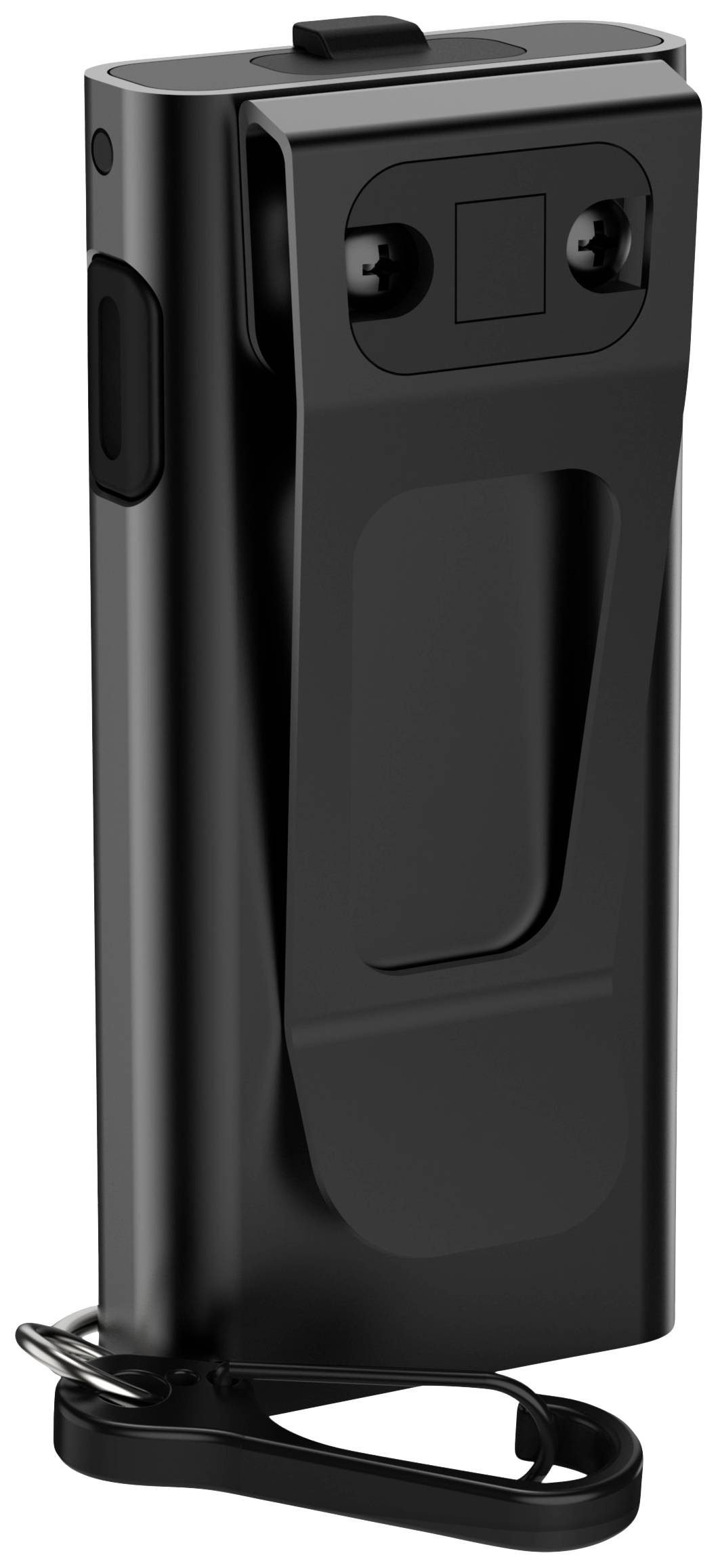 Czarne, prostokątne urządzenie z zintegrowanym klipsem i karabińczykiem.