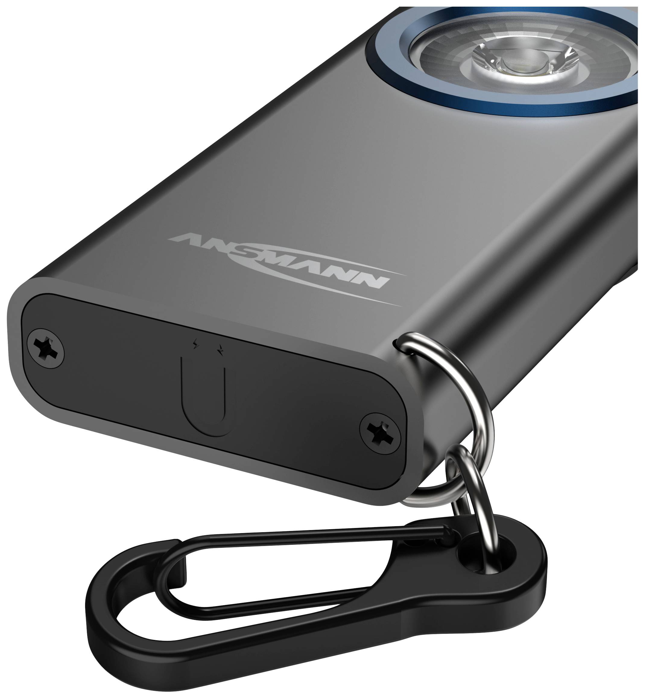 Srebrny, prostokątny brelok do kluczy w kształcie latarki z ciemnoniebieskim przyciskiem i soczewką.