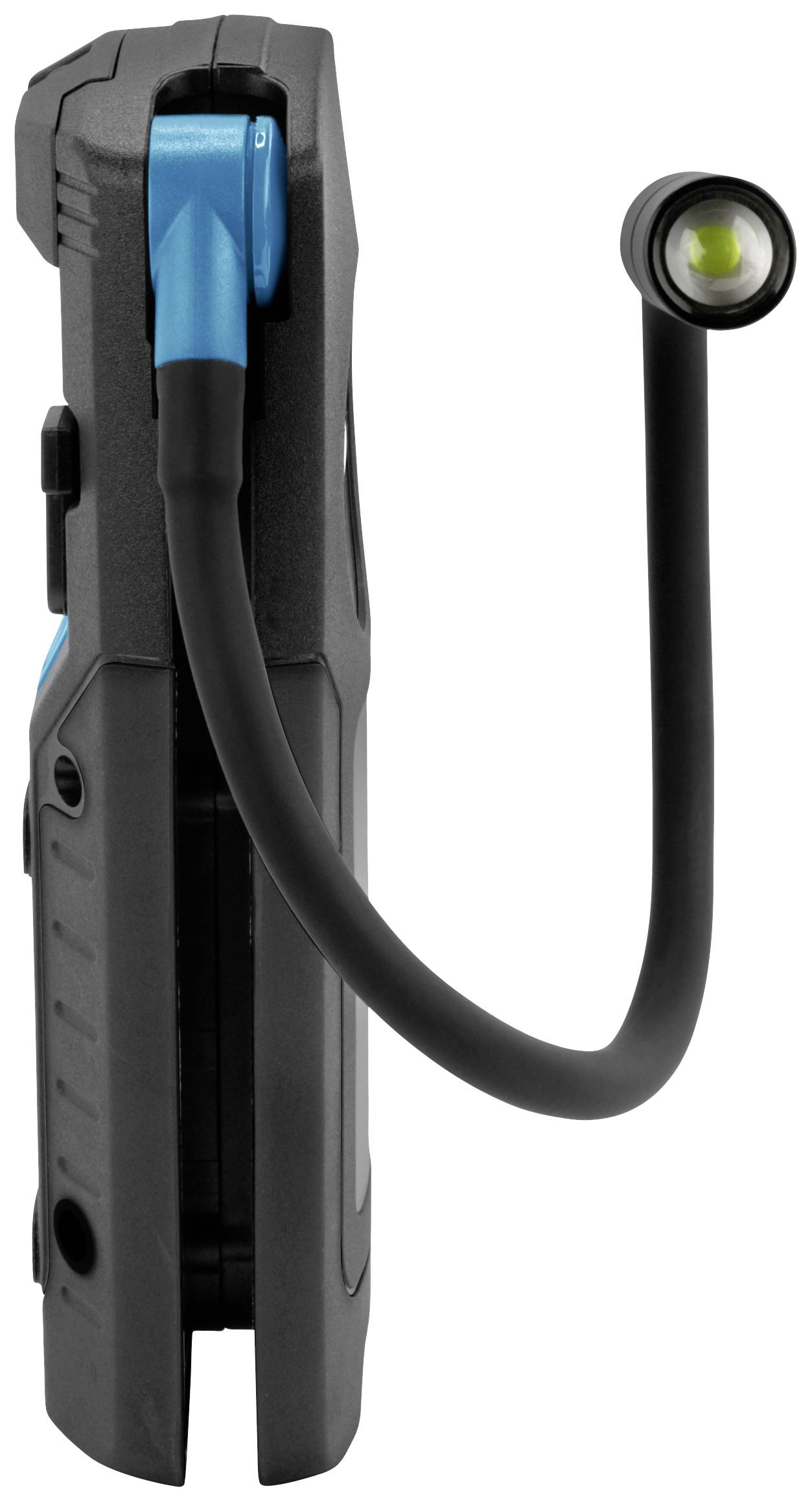 Przenośna lampa robocza LED z elastycznym ramieniem i wytrzymałą obudową w kolorze czarnym i niebieskim.