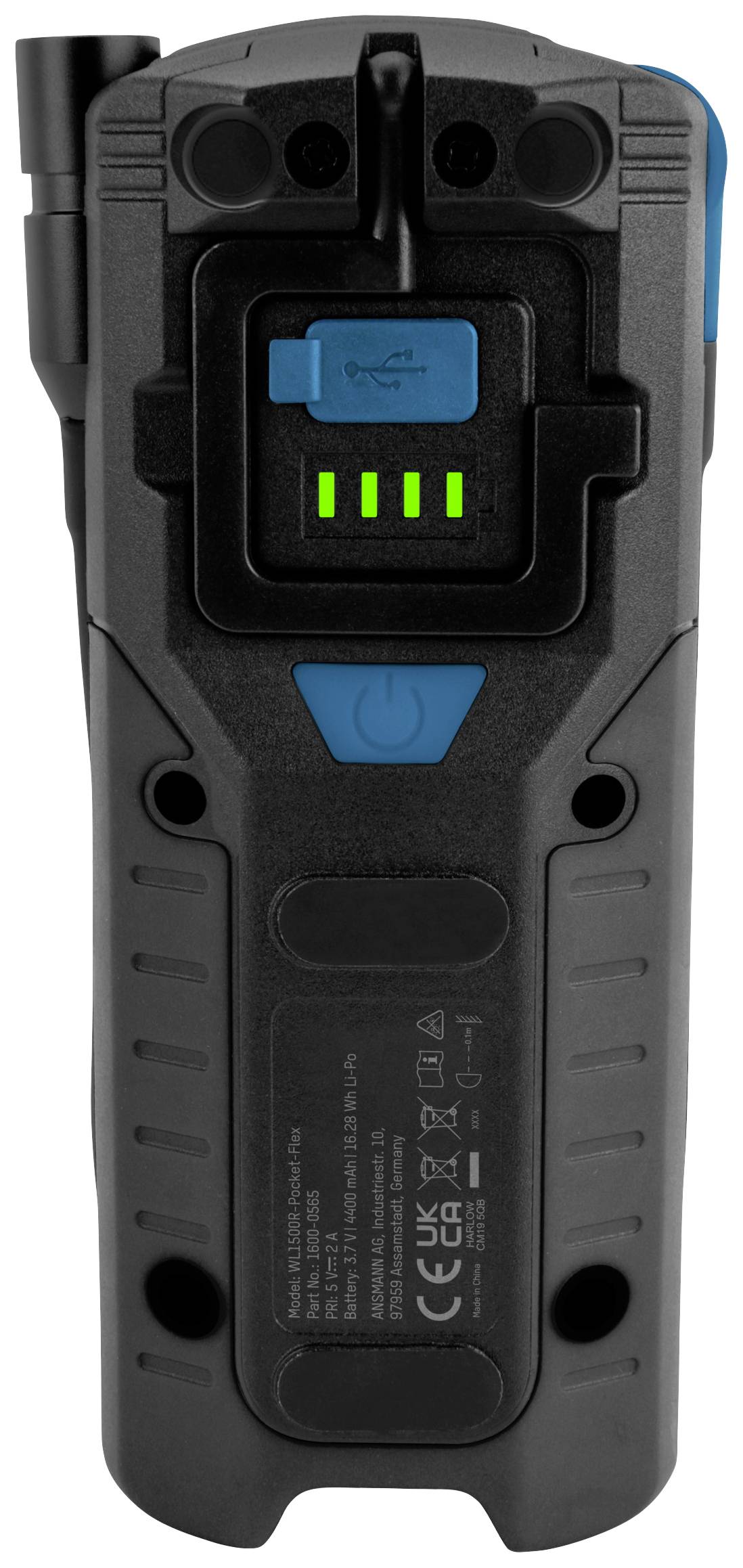 Widok z tyłu przenośnego urządzenia elektronicznego z gniazdem USB i wskaźnikiem ładowania. Urządzenie wyświetla trzy zielone paski ładowania.