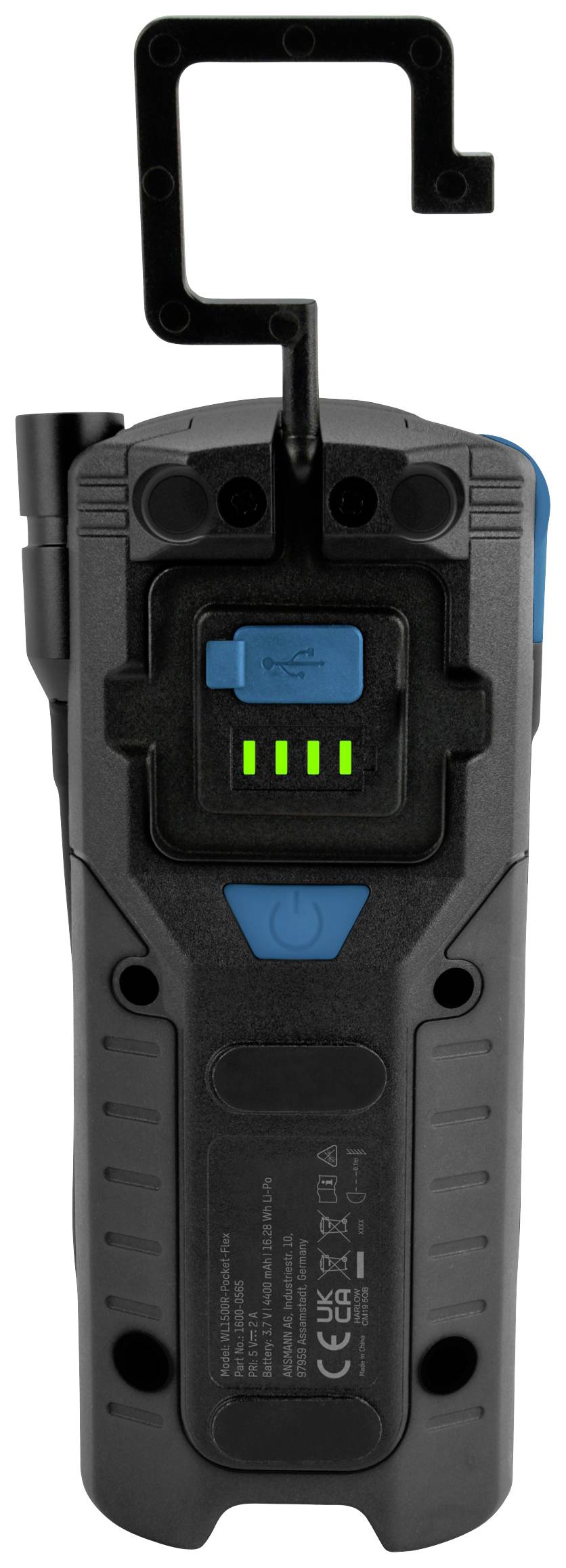 Przenośne urządzenie elektroniczne z hakiem na górze, trzema świecącymi zielonymi światłami i niebieskim przyciskiem pośrodku.