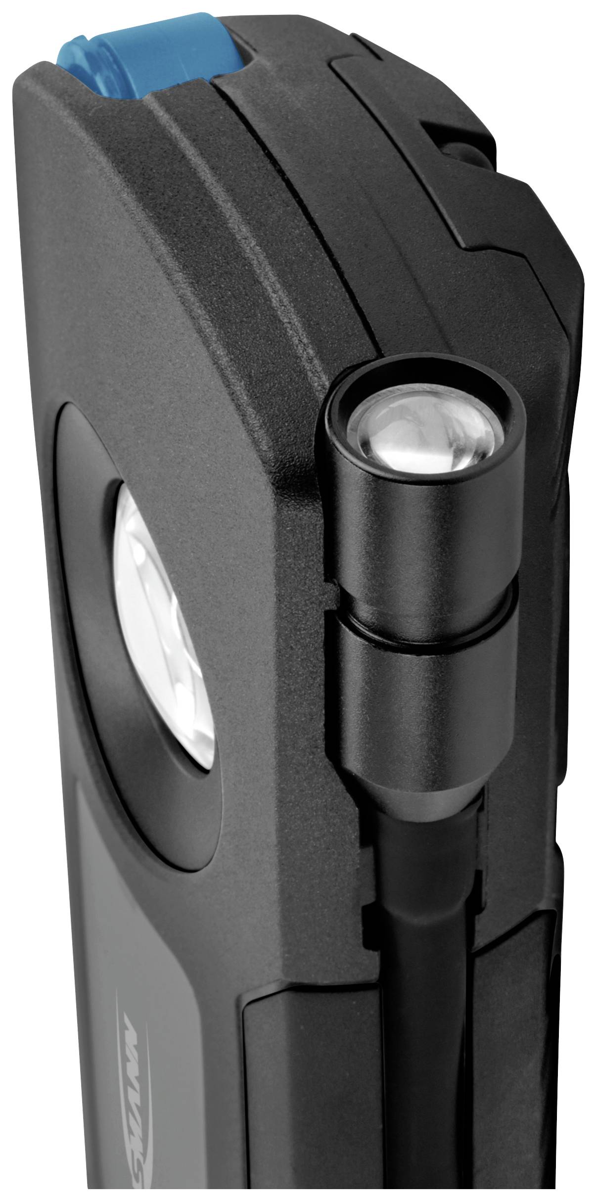 Czarno-szara, przenośna lampa robocza LED z regulowaną głowicą i niebieskim przyciskiem na górnej powierzchni, przeznaczona do oświetlenia warsztatu.