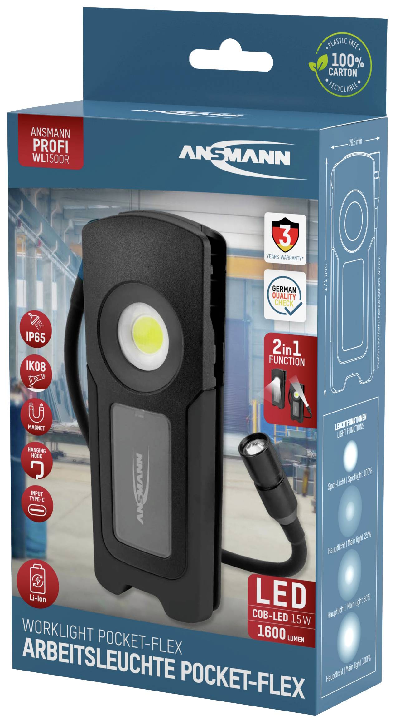 Latarka robocza 'ANSMANN' Pocket-Flex, LED z diodą COB 15W, 1600 lumenów, IP65, funkcja 2 w 1, przedstawiona na opakowaniu.