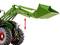 Zielony traktor zabawkowy z ruchomą łyżką, której wysokość może być regulowana za pomocą czerwonej strzałki podwójnej.
