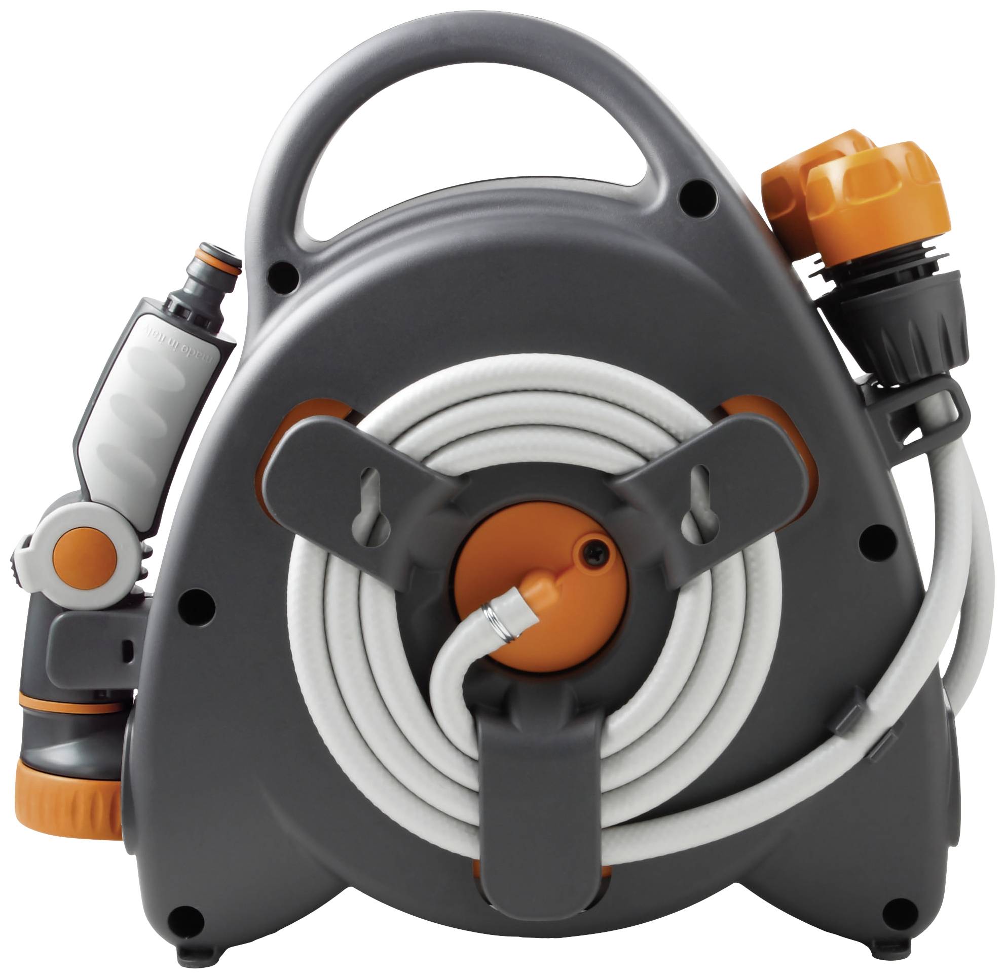 Przydomowa skrzynka na wąż ogrodowy z zintegrowanym wyciągiem i dyszą natryskową w kolorze szarym i pomarańczowym. Przenośna i kompaktowa, idealna do łatwego przechowywania.